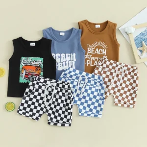Toddler Boys Summer Outfits Car Print Sleeveless Tank Tops and Checkerboard Elastic Waist Shorts Set