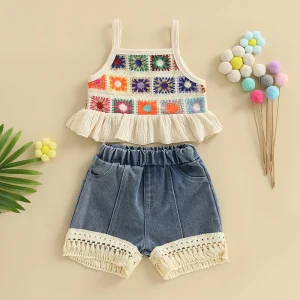 Kids Girls Shorts Set Flowers Camisole with Tasseled Denim Shorts Summer 2-piece Outfit