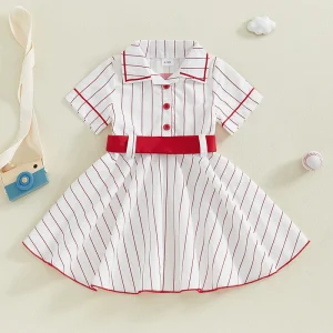 Girls Baseball Print Sleeveless Dress with Bow Belt for Summer Toddler