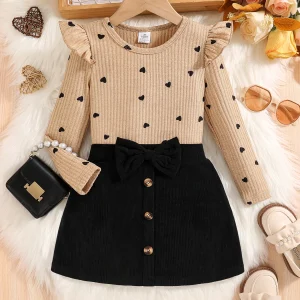 2-Piece Set for Girls Dress Flutter Sleeves, Heart and Polka Dot Print